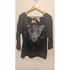 Y2k Leopard Print Tie Back 3/4 Sleeve Top Women's Large